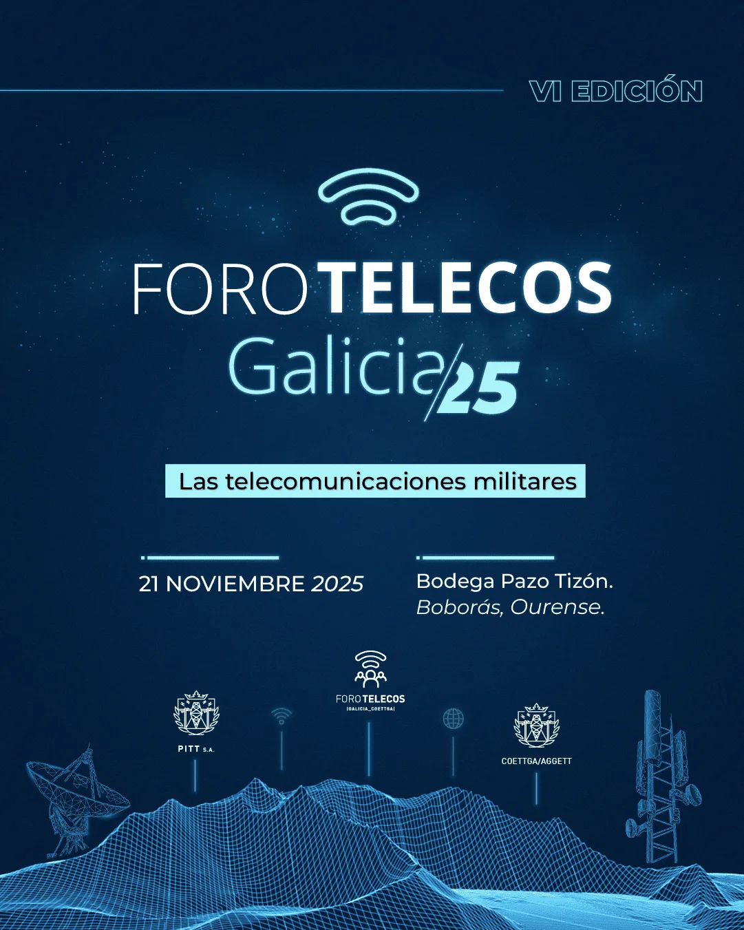 Cartel de la VI edición de ForoTelecos Galicia 25 en la Bodega Pazo Tizón de Boborás, 21 de noviembre de 2025
